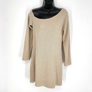 MinkPink One Shoulder Crochet Mini Dress Women Sz M Long Sleeve Beige Lined Boho